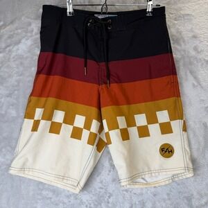 The Legend Mens Board Shorts Size 30 Black Red Orange Checkered Swim Trunks